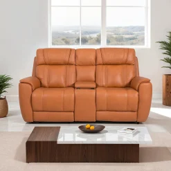 Causeuse modulaire inclinable électrique en cuir véritable avec appuis-tête ajustables, console et porte-gobelets rétractables - 3 mcx
