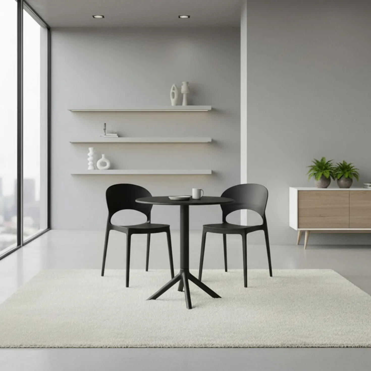 Ensemble à dîner intérieur/extérieur en résine avec table ronde et 2 chaises empilables - noir