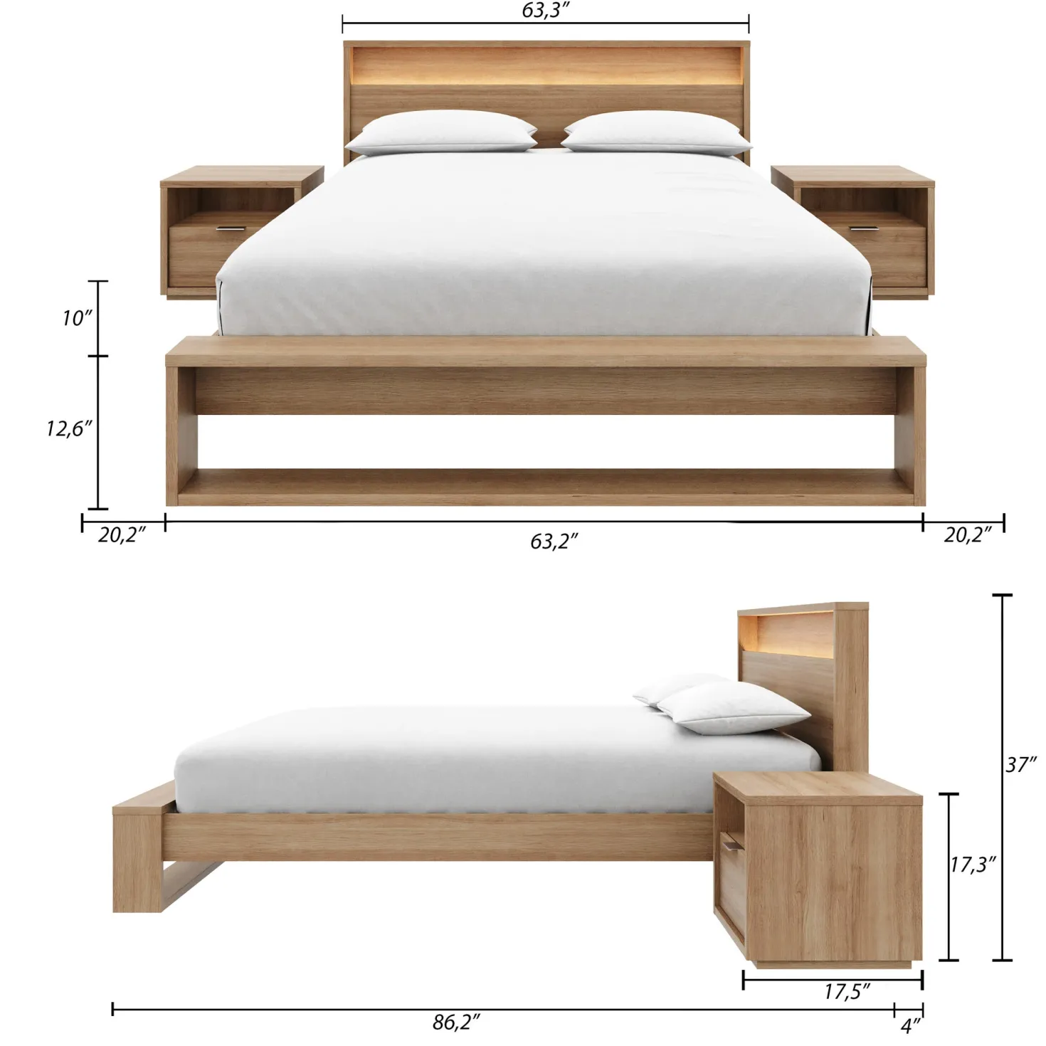 Ensemble grand lit avec éclairage (60") - 4 mcx - Nexera