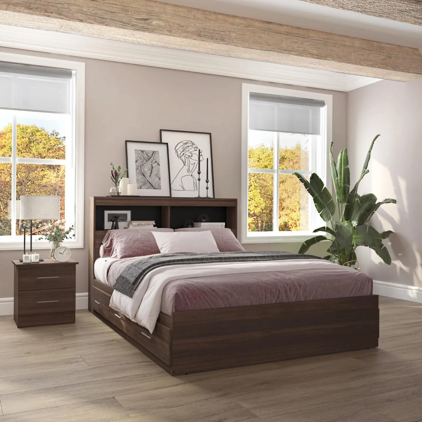 Ensemble lit double avec rangement 6 tiroirs, tête de lit et table de chevet (54")