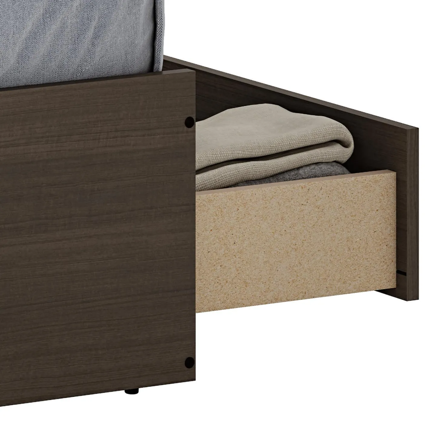 Ensemble lit double avec rangement 6 tiroirs, tête de lit et table de chevet (54")