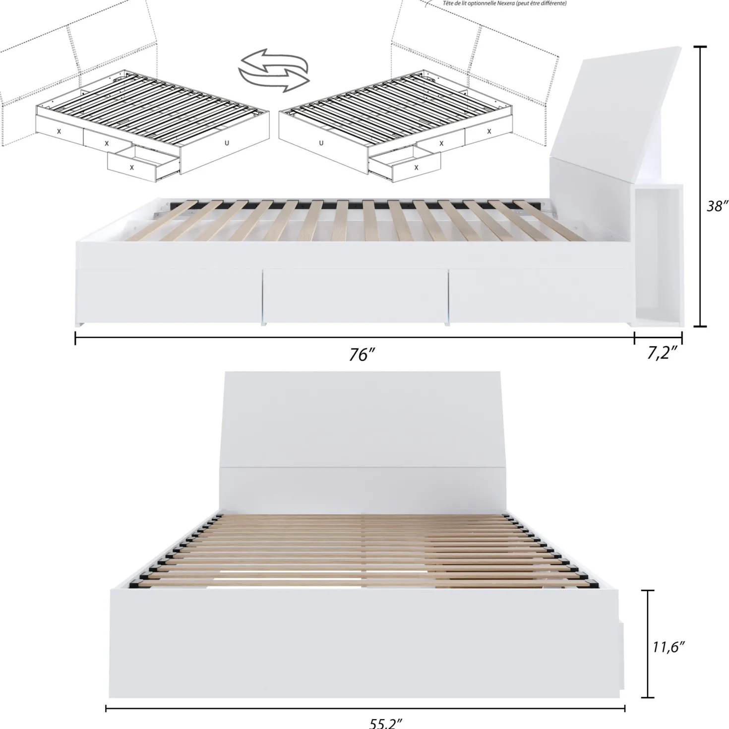 Lit double avec rangement 3 tiroirs (54") - Nexera