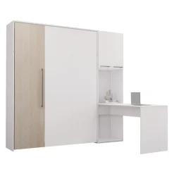 Lit escamotable queen, armoires de rangement et bureau - blanc et gris