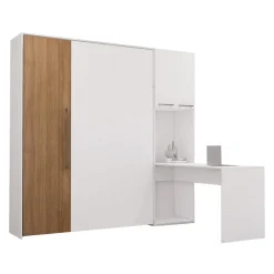 Lit escamotable queen, armoires de rangement et bureau - blanc et brun