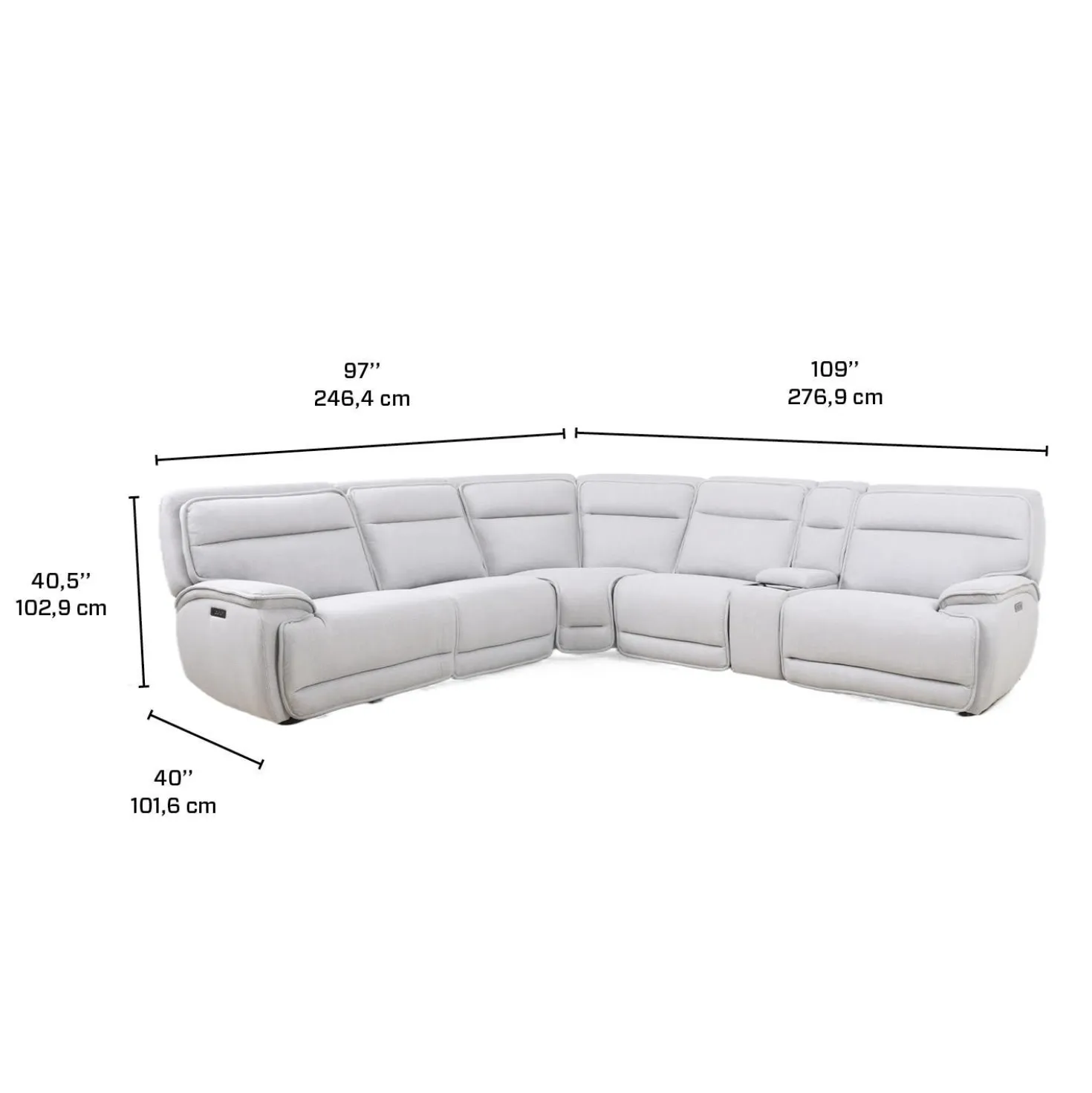Sectionnel modulaire inclinable électrique, appuis-tête ajustables, console avec système audio et siège avec dossier rabattable - 6 mcx
