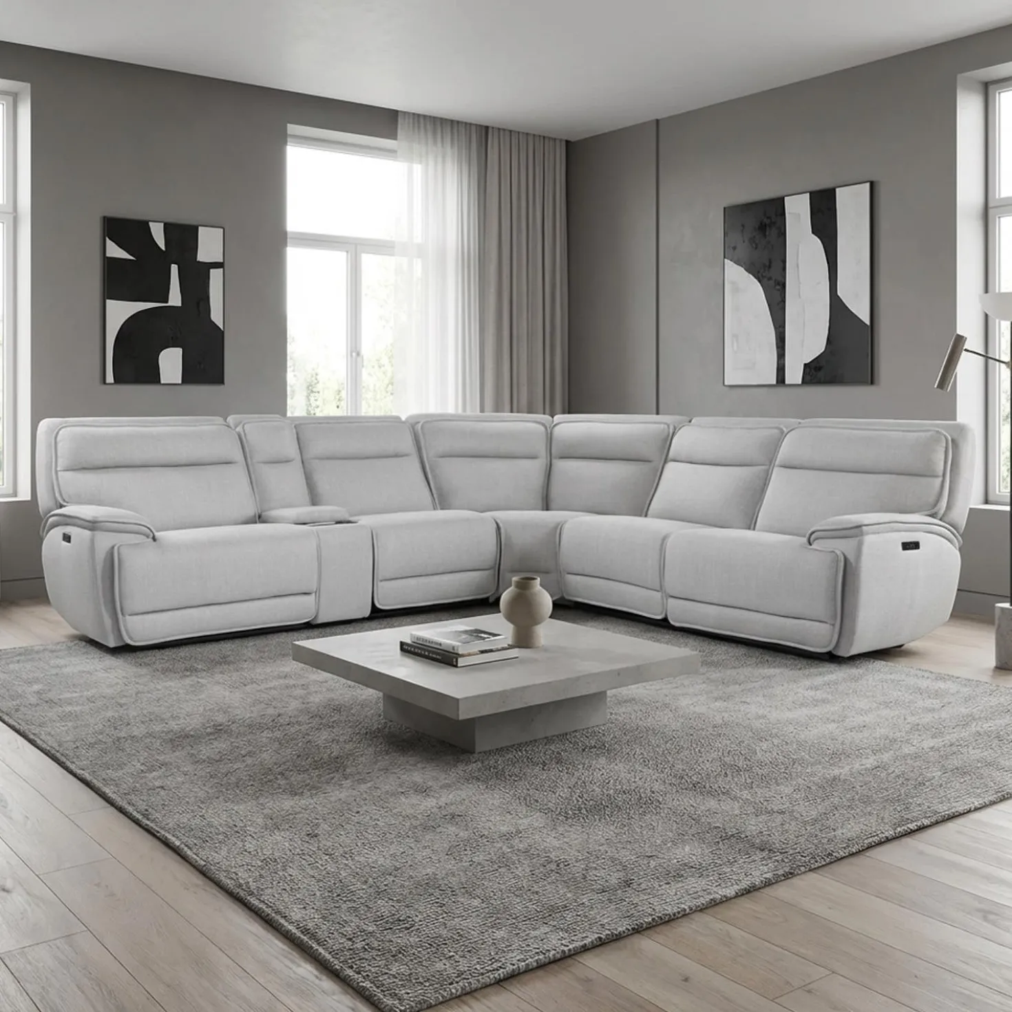 Sectionnel modulaire inclinable électrique, appuis-tête ajustables, console avec système audio et siège avec dossier rabattable - 6 mcx