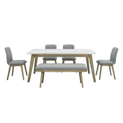 Table à manger avec plateau en marbre blanc, 4 chaises et 1 banc - gris