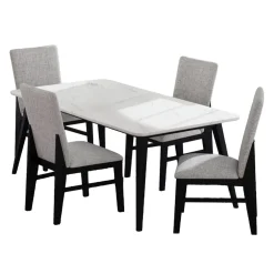 Table à manger avec plateau effet marbre blanc et 4 chaises - tissu gris