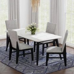 Table à manger avec plateau effet marbre blanc et 4 chaises - tissu gris
