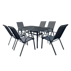 Table à manger d’extérieur rectangulaire en acier avec 6 chaises