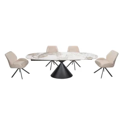 Table à manger ovale convertible extensible avec piédestal et 4 chaises en tissu bouclé - 63"