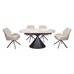 Table à manger ovale convertible extensible avec piédestal et 4 chaises en tissu bouclé - 63"