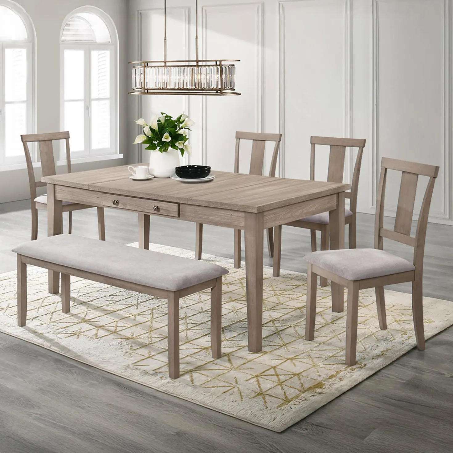 Table à manger rectangulaire avec rangement et 6 chaises - gris