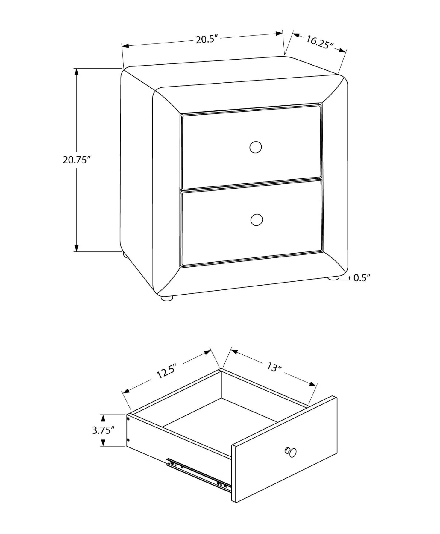 Table de chevet - rembourrée, 2 tiroirs de rangement - 21" h - simili cuir g - Monarch