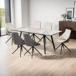 Table en pierre sintérisée et 6 fauteuils de cuisine - crème et gris